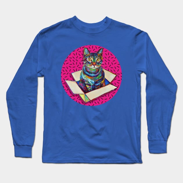 Hot Pink 80s' Psychedelic Party Cat Long Sleeve T-Shirt by RobertPhelpsArt